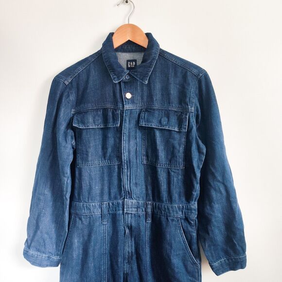 New Gap Jumpsuit Denim Cargo Wide Leg Size 10 Dark Blue Long Sleeve Full Zip NWT - Picture 7 of 16